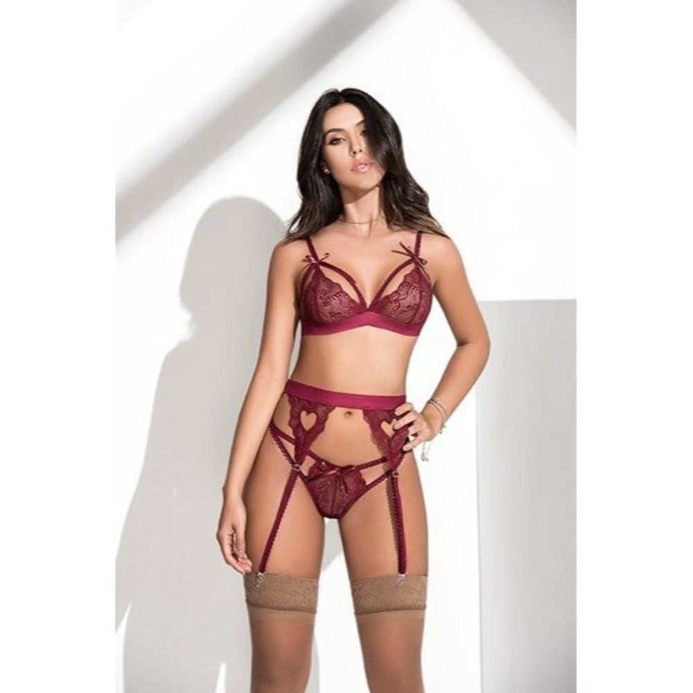 Mapale Lingerie Burgundy three-piece set Lace Garter belt Bra Thong